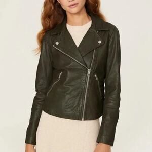 Madewell The Washed Leather Motorcycle Jacket Zip Up Worn Forest Green Size XS